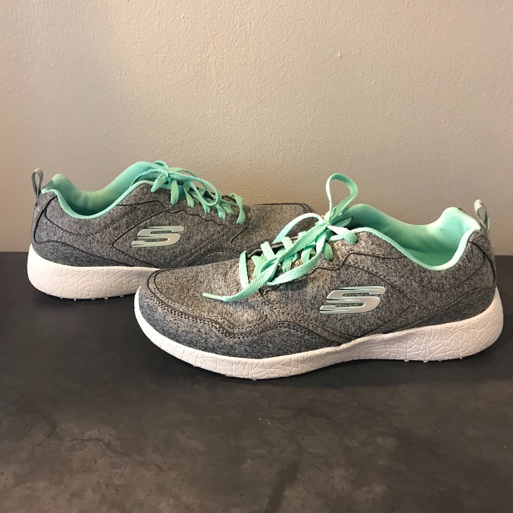 Skechers memory foam sneakers in gray & mint, 10